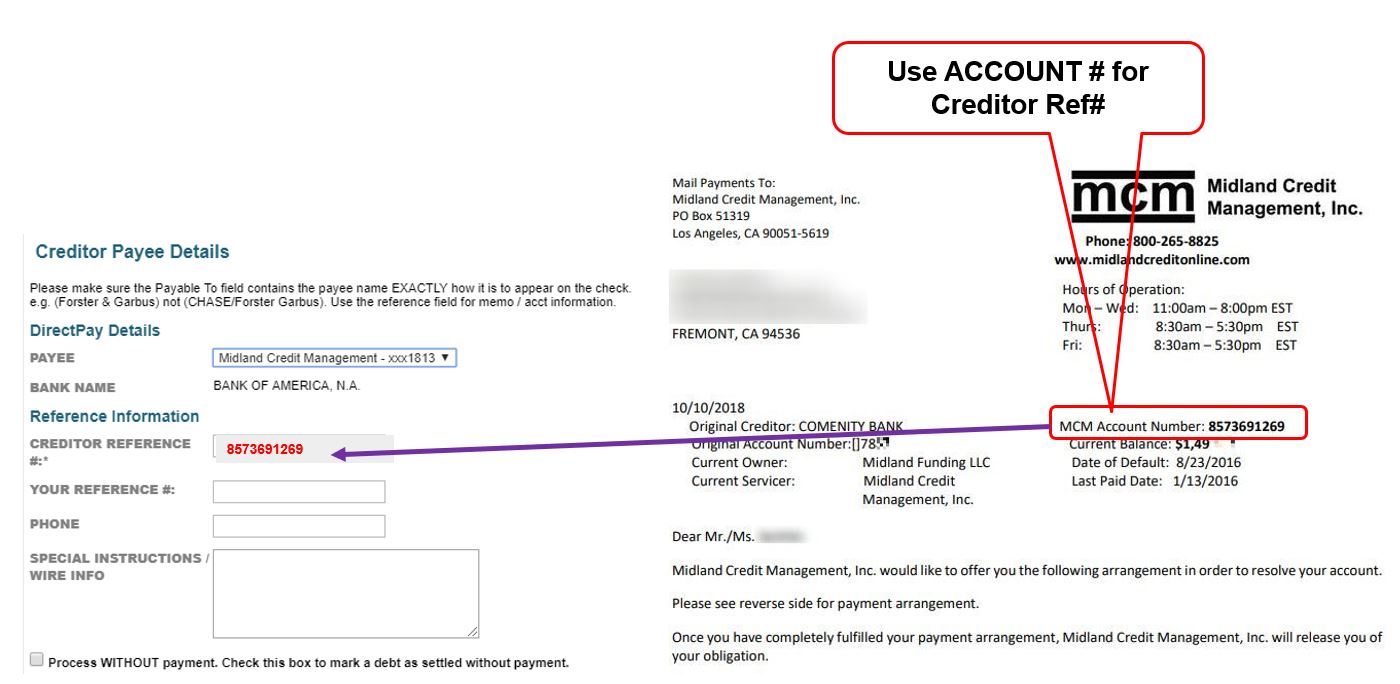 Direct Pay Set Up Midland Credit Management MCM Forth