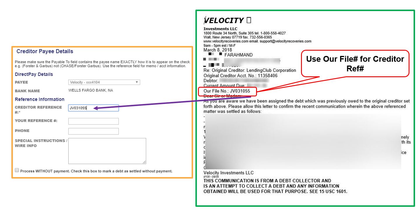 Direct Pay Set Up Velocity Investments LLC/ Velocity Recoveries Forth