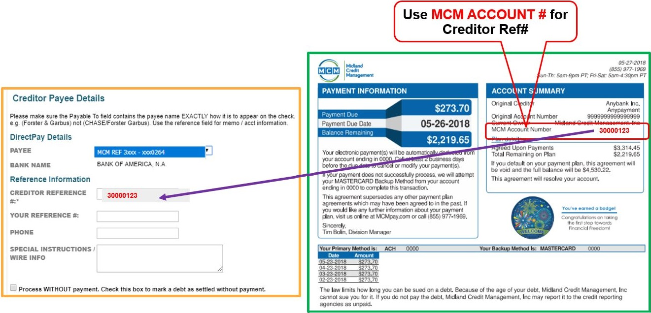 Direct Pay Set Up Midland Credit Management MCM Forth