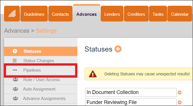 Advance Tab to Settings to Pipelines Option Sep2024.png