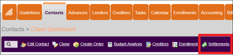 Contacts Tab to Client Dashboard to Settlements NavBar Oct2024.png