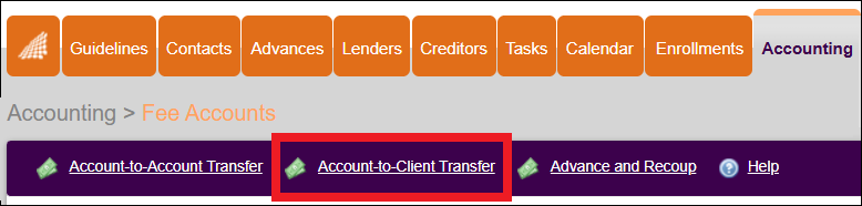 Accounting Tab to Fee Accounts to Acct to Client Feb2025.png