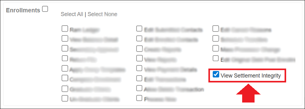 Admin Tab to Roles to Enrollments Module to Settlement Integrity Blurred Sep2025.png