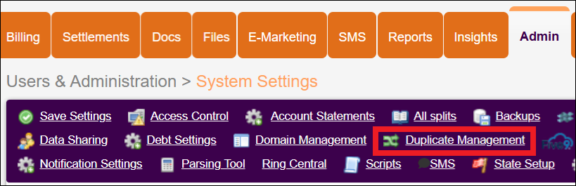 Admin Tab to Settings to Duplicate Mgt NavBar Oct2025.png