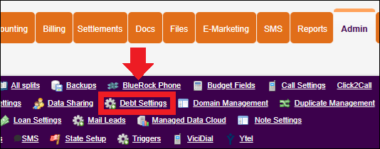 Admin Tab to Settings to Debt Settings in NavBar Nov2025.png