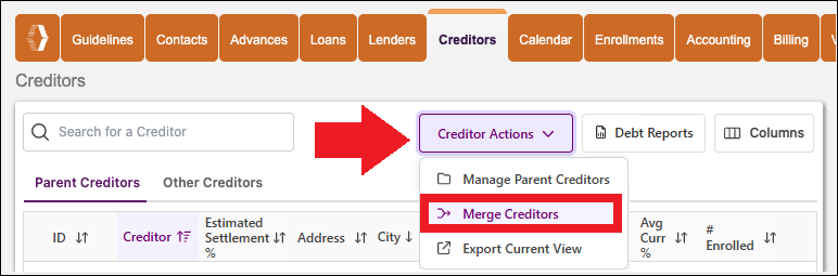 Creditors Tab to Merge Creditors via Dropdown Nov2025.png