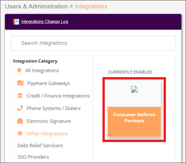 Admin Tab to Integrations to Consumer Defense Partners Integration Dec2025.png