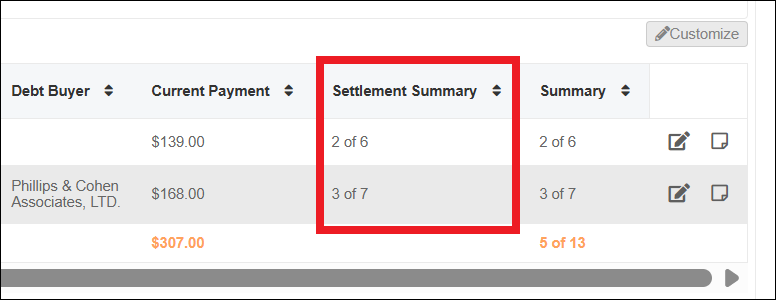 Settled Debts in Debts Subtab Settlement Summary Listing Jan2026.png