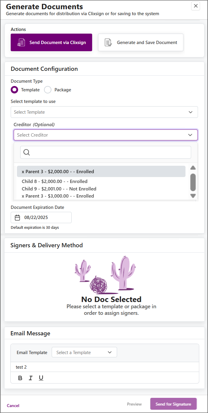 Generate Documents Page with Send Doc via Clixsign Options Jan2026.png