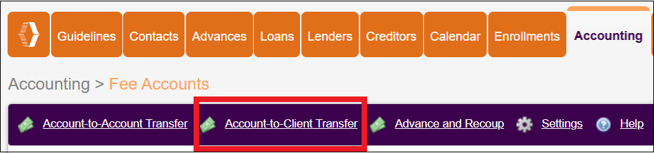 Accounting Tab to Fee Accounts to Account to Client Transfer Nov2025.png