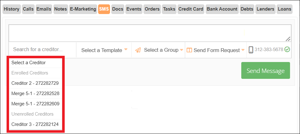 SMS Nested Tab Creditor Dropdown Options Jan2026.png