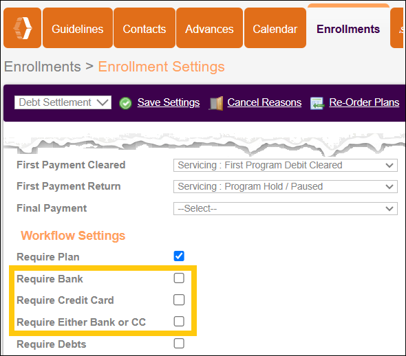Enrollments Tab to Settings to Workflow Settings Bank Account Jan2026.png