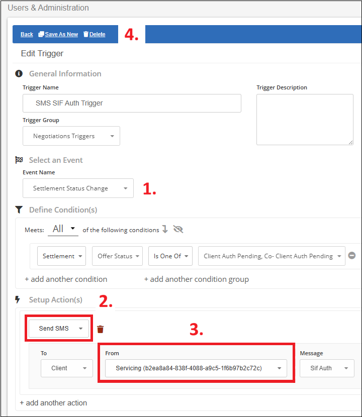 The Trigger Action setup screen showing the 'Send SMS' option selected