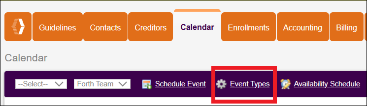 The Calendar tab highlighting the Event Types option in the navigation bar