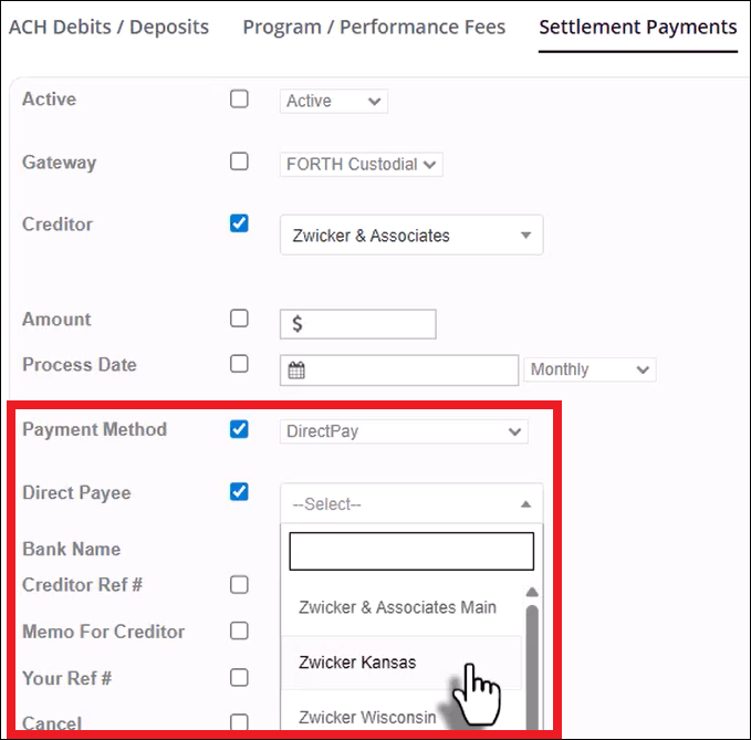 Settlement Payments Tab to PaymentMethod DirecPay New Dropdown Mar2026.png