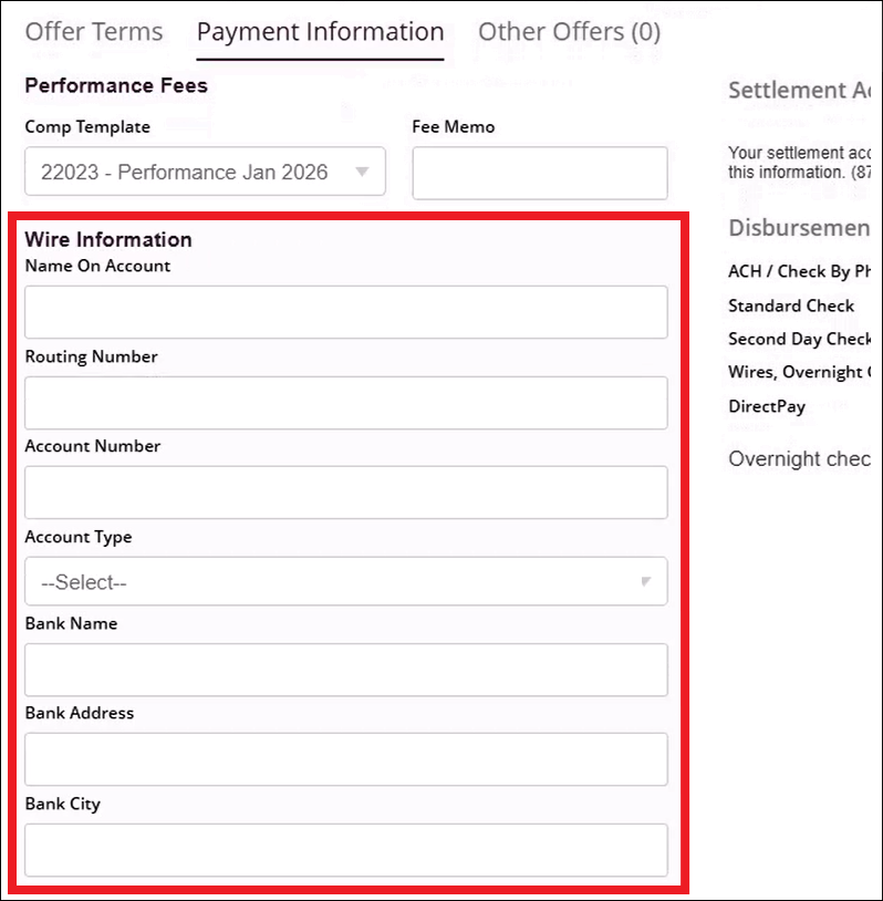 Payment Information Tab with Bank Wire Selected CredStandard Mar2026.png