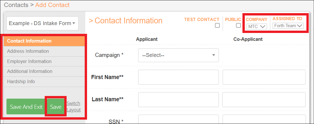 Add a Contact New Intake Form  Save Company and Assigned Highlighted Feb2026.png