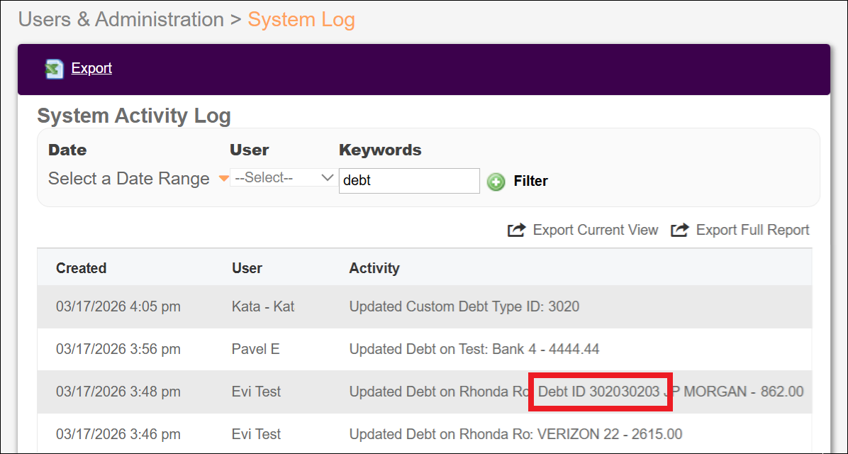 System Log View with Debt ID Mar2026.png