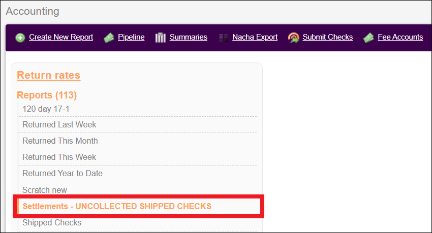 Accounting Tab Report Options View of Uncollected Settlements Apr2026.png