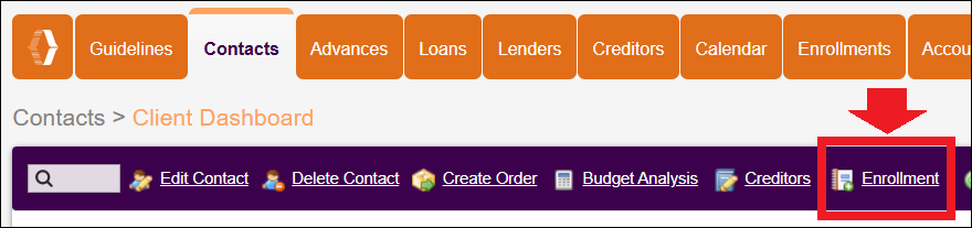 Contacts Tab to Client Dashboard to Enrollment in NavBar Oct2025.png