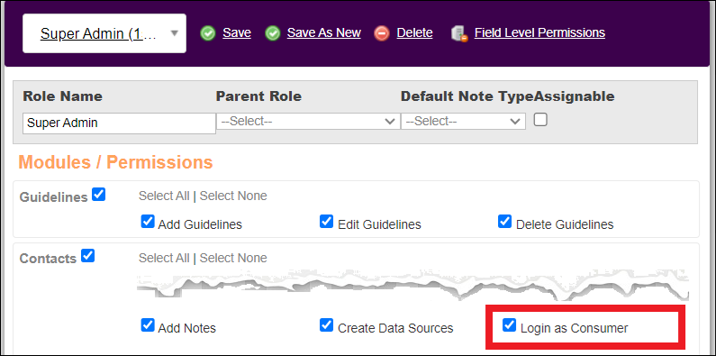 Admin Tab to Roles to Contacts to LoginAsConsumer May2026.png