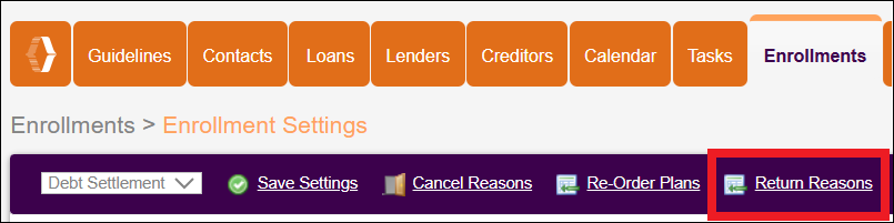 Enrollments Tab to Settings to Return Reason Option NavBar May2026.png