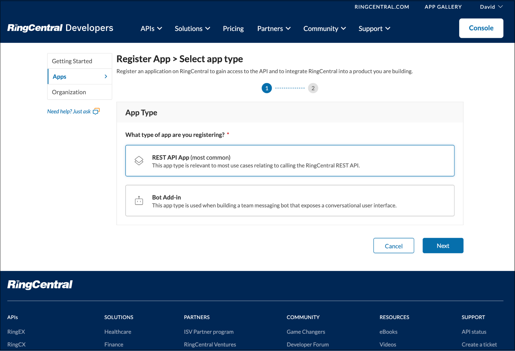RingCentral Dev Page Register Rest API App Jul2025 (1).png