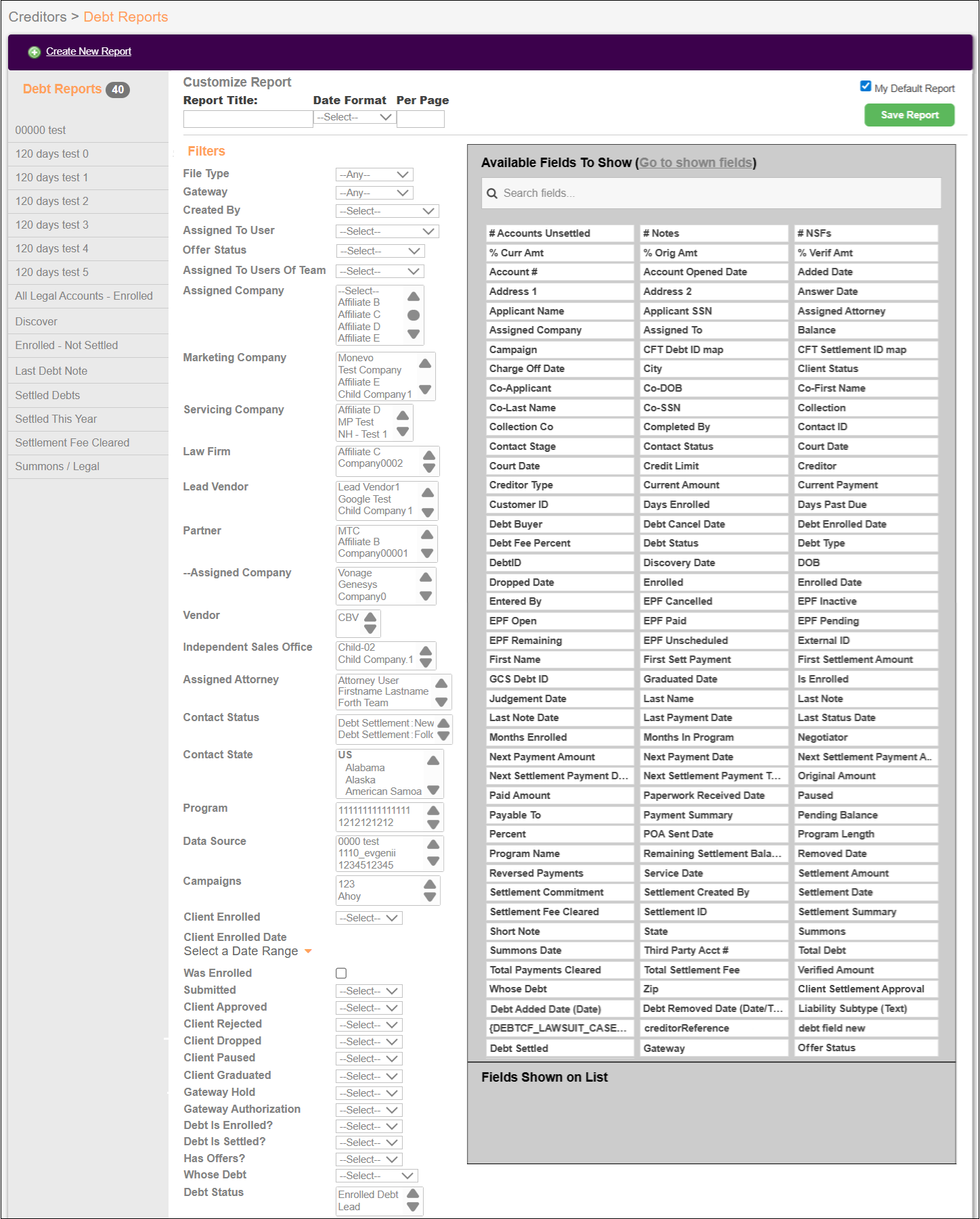Creditors Tab to Debt Reports to Create New Report Options Whole Page Jun2026.png