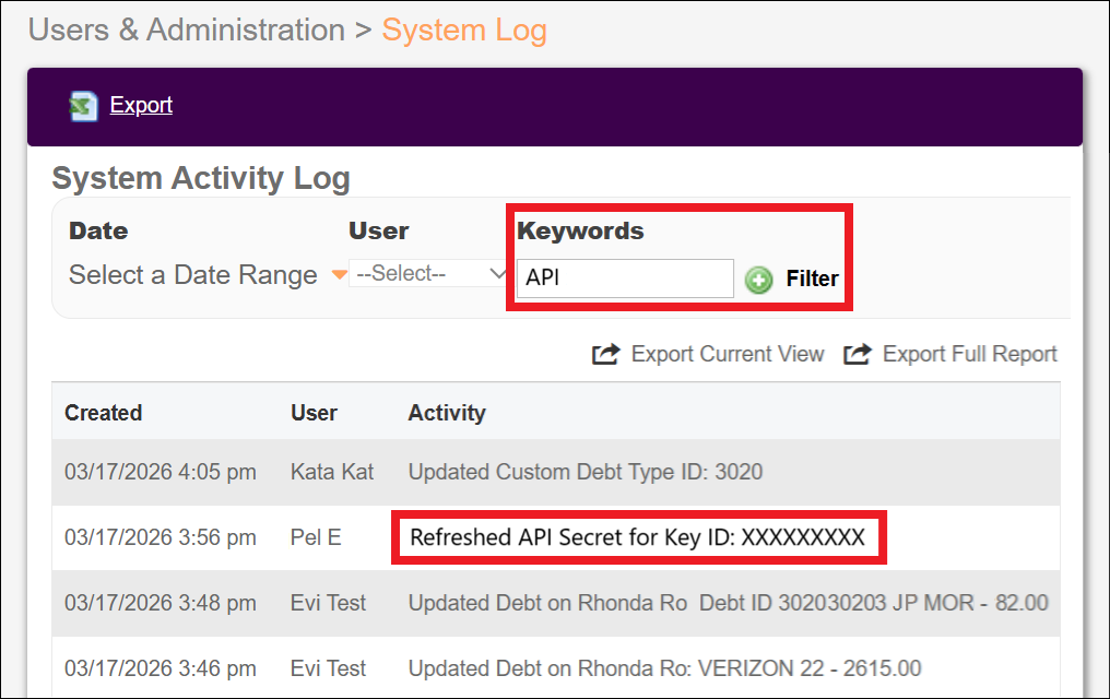 System Log View with Refresh Secret May2026.png