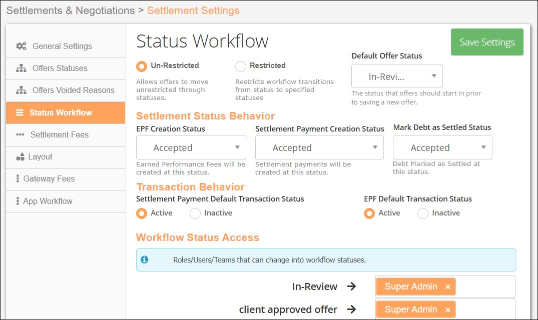 Settlements Tab to Settings to Status Workflow View Sep2026.png