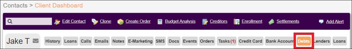 Contacts Tab to Client Dashboard to Debts Nested Tab Dec2025.png