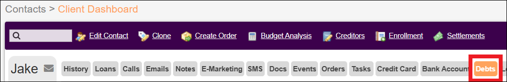 Contacts Tab to Client Dashboard to Debts Nested Tab Sep2026.png